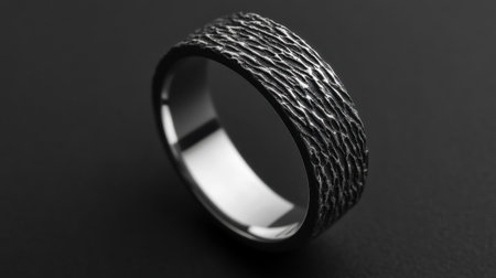 A stunning close-up of a textured silver ring placed on a sleek black background, highlighting its unique design and craftsmanship, perfect for showcasing elegance.の素材
