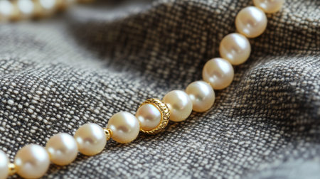This close-up image showcases an elegant pearl necklace featuring golden accents, beautifully draped on textured gray fabric, ideal for fashion and jewelry displays.の素材