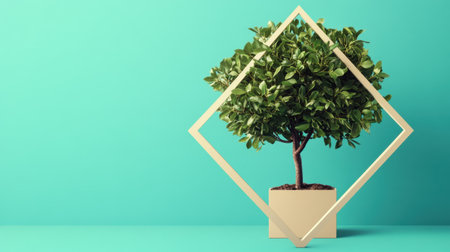 This striking image features a lush indoor plant elegantly framed by a geometric shape against a vibrant background, showcasing modern decor and natural beauty.の素材