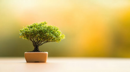 A beautiful bonsai tree showcases vibrant green foliage in a minimalistic setting, highlighted by soft, warm light, creating a peaceful ambiance.の素材