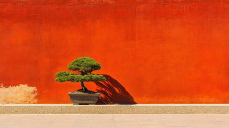 A striking bonsai tree gracefully stands against a vivid red wall, creating a harmonious and tranquil atmosphere in a minimalist garden setting.の素材