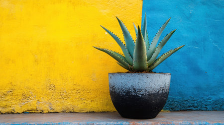 A stunning succulent plant with vibrant green spiky leaves sits in a modern black pot against a striking yellow and blue wall, perfect for decor inspiration.の素材