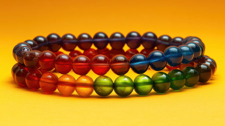 A striking assortment of colorful beaded bracelets arranged on a bright yellow background, showcasing vibrant hues and unique designs perfect for inspiration.の素材
