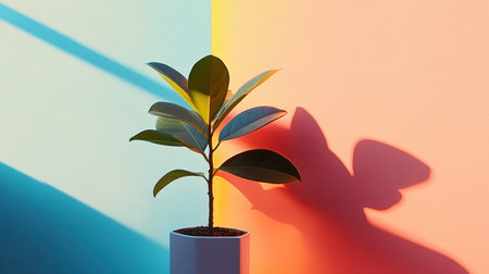 A striking image featuring a single plant in a white pot, set against a split background of soft pink and blue walls, showcasing vibrant colors and shadows.の素材