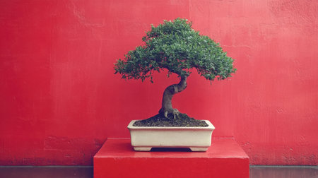 This striking image showcases an elegant bonsai tree with its intricate curved trunk, set against a vibrant red wall, offering a perfect blend of natural beauty and artistic design.の素材