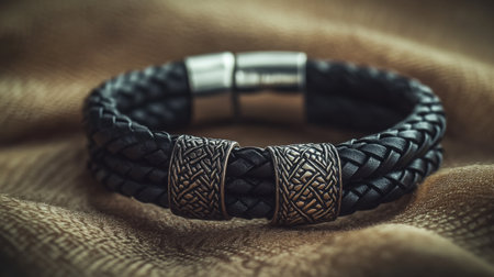 This captivating leather bracelet features a braided design with intricate metal details, making it a perfect accessory for any fashion-forward individual.の素材