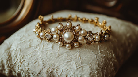 This stunning vintage gold crown adorned with pearls rests gracefully on an elegant fabric. Perfect for showcasing timeless beauty and luxury.の素材