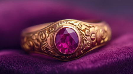 This beautiful gold ring features a vibrant purple gemstone, showcasing exquisite craftsmanship. Set against a plush velvet background, it radiates elegance.の素材