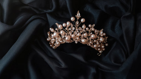 A stunning tiara adorned with pearls and crystals sits elegantly on soft dark fabric, making it an ideal accessory for bridal and formal occasions.の素材