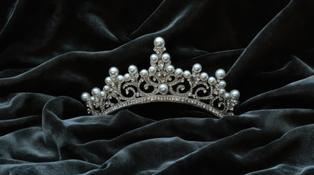 This exquisite silver tiara adorned with pearls and sparkling gemstones rests gracefully on a luxurious black velvet background, showcasing timeless elegance.の素材