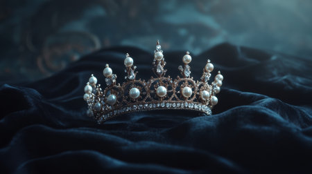 A stunning vintage crown featuring intricate designs with pearls and diamonds, beautifully displayed on a luxurious blue fabric, perfect for royalty-themed visuals.の素材