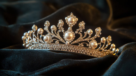 This elegant silver tiara features intricate designs with pearls and sparkling gems, beautifully showcased on luxurious black fabric, perfect for formal occasions.の素材