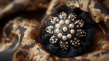 A beautiful close-up of an elegant vintage brooch adorned with pearls and rhinestones, resting on intricate, luxurious fabric, showcasing timeless beauty.の素材