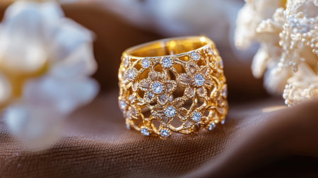 This stunning gold ring features a delicate floral pattern adorned with brilliant diamonds, set against elegant textures for a luxurious feel.の素材