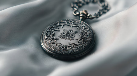 This image features a vintage silver pocket watch adorned with an intricate floral design, elegantly resting on a soft silk fabric. Perfect for themes of time, nostalgia, and craftsmanship.の素材