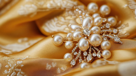 This stunning image showcases an elegant pearl brooch adorned with intricate details, resting on a soft golden fabric. The luxurious design sparkles beautifully.の素材