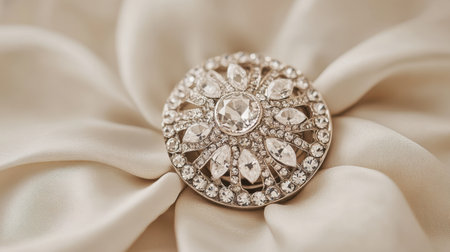 This stunning vintage brooch features intricate designs adorned with sparkling crystals, beautifully placed on soft fabric, ideal for elegant fashion displays.の素材