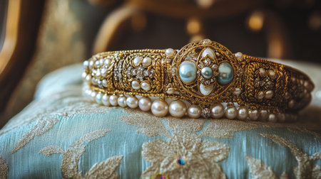 This stunning vintage crown features an intricate design with pearls and gemstones, resting elegantly on an ornate fabric background, perfect for conveying luxury.の素材