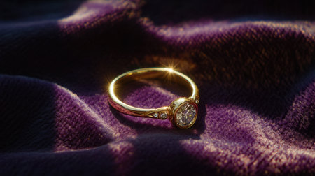 This stunning gold ring features a brilliant diamond, beautifully illuminated on a rich purple velvet backdrop, adding elegance and luxury to any setting.の素材