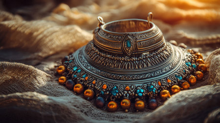 This stunning silver necklace features vibrant beads and intricate designs, beautifully showcased on soft fabric, creating a warm, artistic ambiance.の素材