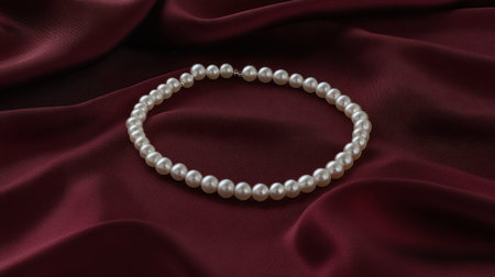 An elegant pearl necklace gracefully rests on a rich burgundy fabric, showcasing timeless beauty and sophistication ideal for fashion and jewelry lovers.の素材