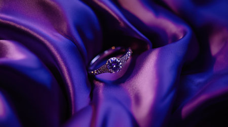 A stunning diamond ring beautifully presented on rich purple satin fabric, highlighting the elegance and luxury of fine jewelry. The intricate design invites admiration.の素材