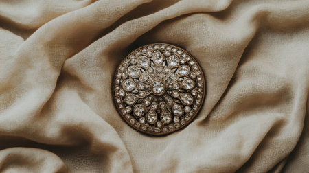 This image features a stunning vintage brooch adorned with sparkling gemstones, elegantly placed on soft beige fabric, perfect for fashion and jewelry lovers.の素材