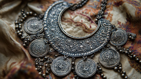 Stunning close-up of an ornate silver necklace featuring detailed floral designs and circular pendants, elegantly displayed on a textured fabric background.の素材
