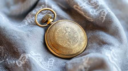 This captivating image features an antique gold pocket watch delicately positioned on a textured fabric backdrop, highlighting intricate craftsmanship and timeless elegance.の素材