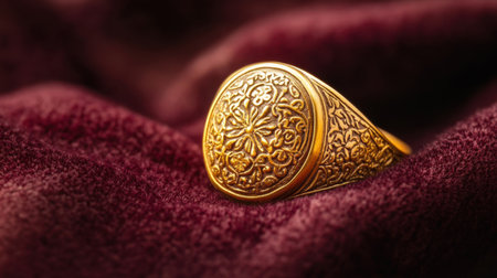 This stunning antique gold ring features an intricate floral design, beautifully displayed on luxurious burgundy fabric for a rich, elegant look.の素材