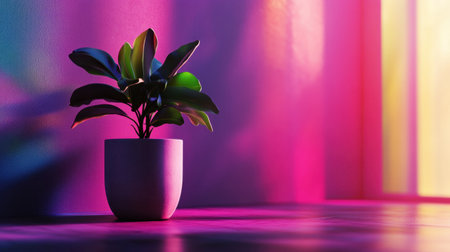 A beautifully styled indoor plant in a modern pot, illuminated by soft and colorful light, creates a serene atmosphere in a contemporary room setting.の素材