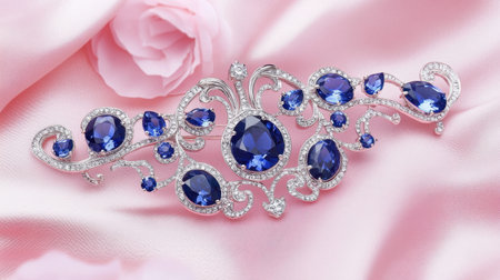 This stunning brooch features intricate designs with sapphire gemstones set in silver, resting on a soft pink satin background, perfect for elegant fashion.の素材