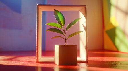 A small green plant elegantly placed in a minimalist pot, highlighting its leaves under soft sunlight, with a vibrant and colorful backdrop enhancing the scene.の素材
