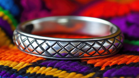 This elegant silver ring features an intricate geometric design, beautifully reflecting light. The vibrant textile background enhances its artistic appeal.の素材