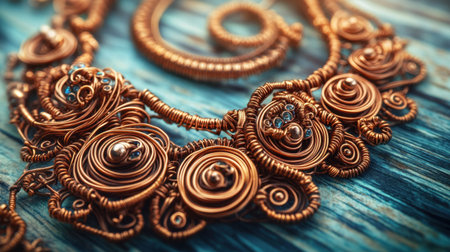 This close-up image showcases a stunning copper jewelry piece featuring intricate swirls, loops, and beaded details, placed artistically on a wooden surface.の素材
