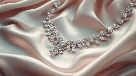 This stunning silver necklace showcases an array of brilliant cut diamonds, elegantly arranged on a soft satin fabric. Perfect for luxury jewelry collections.の素材
