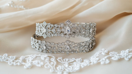 An exquisite silver tiara featuring intricate designs and sparkling diamonds, elegantly resting on soft cream fabric, perfect for bridal wear or special occasions.の素材