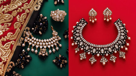 A stunning arrangement of traditional Indian jewelry showcasing intricate necklaces, earrings, and accessories against vibrant backgrounds, perfect for fashion inspiration.の素材