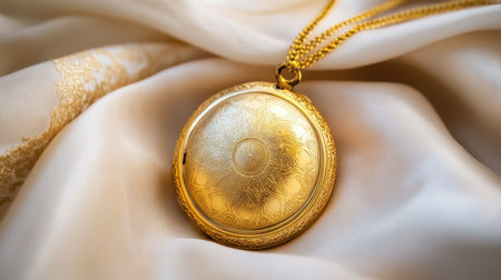 A stunning gold pocket watch featuring intricate patterns, elegantly resting on soft satin fabric, capturing timeless beauty and craftsmanship in exquisite detail.の素材
