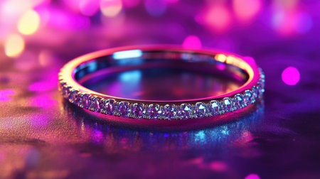 A stunning diamond ring glistens with brilliance against a vibrant, glittery backdrop. Perfect for showcasing luxury, elegance, and celebration in visual arts.の素材