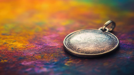 A vintage silver medal rests on a bright, colorful abstract background, showcasing intricate designs and a reflective surface that evokes nostalgia.の素材