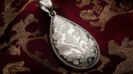 This image features a stunning silver pendant with intricate floral engravings, elegantly displayed against a rich maroon fabric backdrop, showcasing artistry.の素材