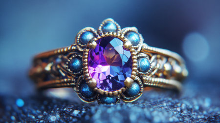 A stunning vintage ring featuring a prominent purple gemstone, beautifully set in detailed gold surroundings, perfect for adding elegance to any outfit.の素材