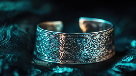 This stunning silver cuff bracelet features intricate patterns and rich detail, resting on a dark fabric background. Ideal for showcasing craftsmanship and elegance.の素材