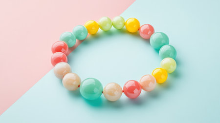This image showcases a beautiful and colorful bracelet made of pastel beads, set against a soft pink and blue background, ideal for fashion and jewelry themes.の素材