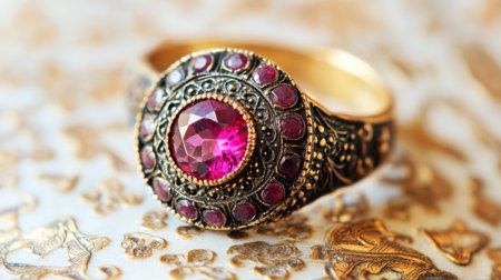 This elegant vintage gold ring showcases a stunning pink gemstone surrounded by intricate designs, set against a delicate floral background.の素材