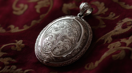 This stunning silver locket features intricate floral engravings, showcasing exquisite craftsmanship against a rich textured fabric background, perfect for collectors.の素材