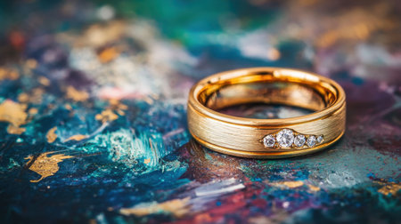 This image showcases a stunning gold wedding band adorned with sparkling diamonds, resting on a vibrant, textured artistic background. Perfect for themes of romance.の素材