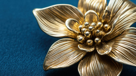 A stunning vintage gold flower brooch features intricate petal details, showcasing exquisite craftsmanship against a vibrant blue background. Ideal for accessories.の素材