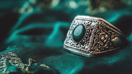 A stunning vintage silver ring adorned with intricate designs and a dark gemstone, elegantly displayed on a luxurious emerald fabric, highlighting its unique craftsmanship.の素材